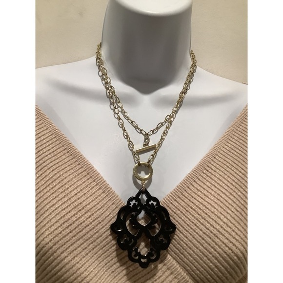 ZENZII GOLD TONE TOGGLE CHAIN BLACK ACRYLIC RESIN STATEMENT NECKLACE - Picture 3 of 7
